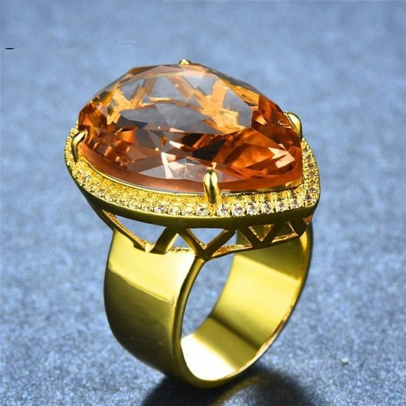 32mm Pear Cut Orange Champagne Water Drop Gold Ring - Picture 4 of 10